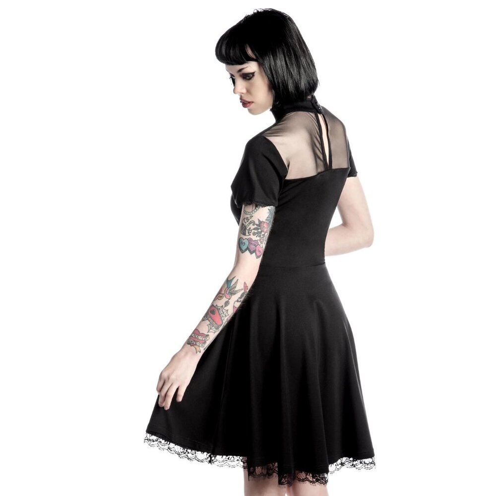 KILLSTAR Draculana Skater Dress Black Lace Trim Cutout High Neck Gothic Mini New - Picture 6 of 7